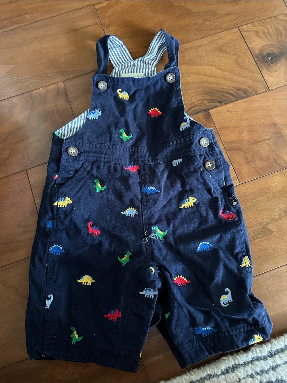 JoJo Maman Bebe Navy Overalls with Colorful Dinosaur Embroidery